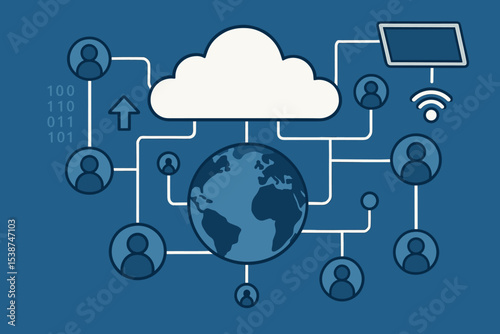 Global network connections and cloud computing vector illustration. People icons linked around the planet Earth. Concept of data transfer, internet, remote work, and communication.