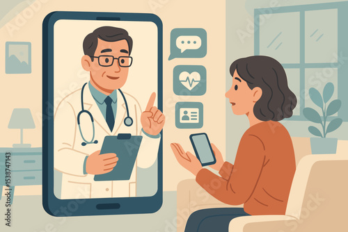 Telemedicine concept with patient having virtual doctor consultation via smartphone. Online medical advice and telehealth service illustration. Woman at home using an app for healthcare.