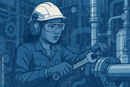 Female engineer in hard hat using wrench on industrial pipeline. Woman mechanic doing maintenance in a factory. Concept of skilled labor, safety, and manufacturing industry.
