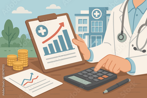 Healthcare finance. Medical costs analysis. Doctor managing hospital budget. Clinic financial planning concept. Health insurance. Economic growth chart. Medical expenses calculation.