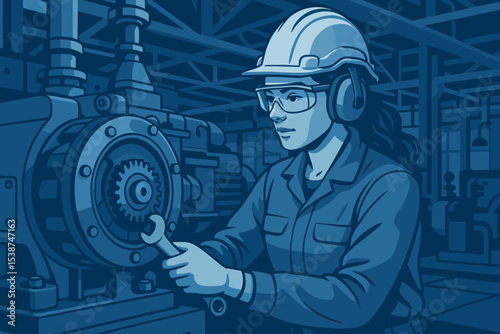 Female engineer at work in a factory, a skilled woman mechanic repairing industrial machinery. Concept of manufacturing, maintenance, and technology with a worker using a wrench.
