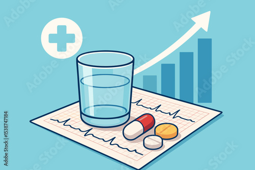 Healthcare business growth concept. Pharmaceutical industry statistics. Medical costs rising graph. Pills, medicine, and EKG on a report. Health insurance and finance vector.