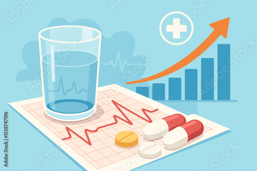 Healthcare business growth concept with pills, EKG, and a rising bar chart. Pharmaceutical industry financial success. Medical costs, insurance, and investment vector illustration.