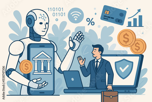 AI in banking and finance technology concept. Robot advisor with smartphone for mobile banking. Businessman using fintech for secure transactions, investment, and digital services.