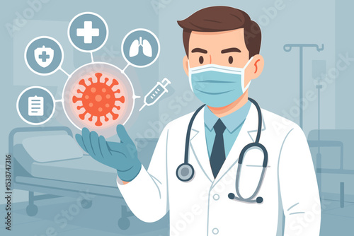 Medical doctor with mask conceptual illustration of coronavirus COVID-19. Healthcare professional in hospital with infographic icons for vaccine, lungs, protection, and treatment.