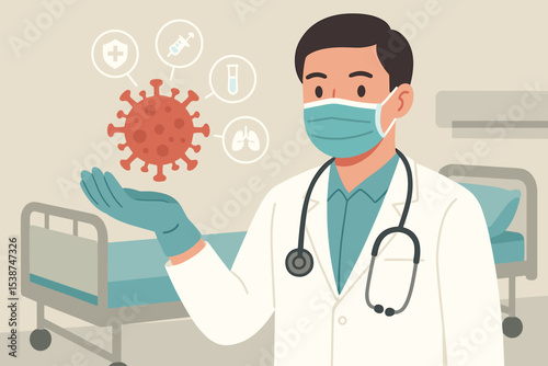 Doctor in mask analyzes coronavirus molecule with medical icons. Vector illustration concept for COVID-19 pandemic, vaccination, testing, and treatment in a hospital setting.