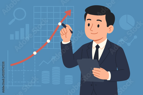 Businessman draws a rising arrow on a financial graph. Concept of business growth strategy, success, investment profit, and market analysis. Corporate manager planning development.