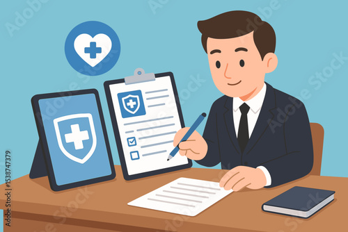 Health insurance concept. Agent signing medical claim form at desk. Man with clipboard, tablet showing protection shield. Healthcare coverage, life insurance policy vector illustration.