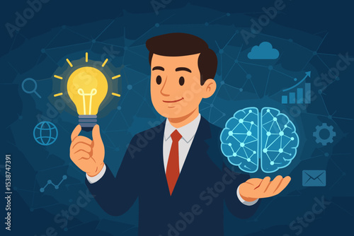 Businessman holds a lightbulb idea and AI brain. Concept for innovation, creative problem solving, business intelligence, and strategy. Technology, data analysis, and growth.