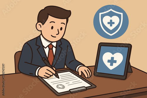 Health insurance concept with a man signing a policy contract. Businessman filling out a medical claim form. Healthcare protection, life coverage, and digital health services.
