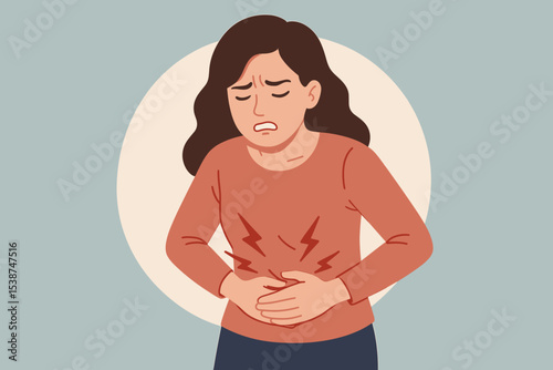 Woman suffering from severe stomach ache, holding her belly. Unhappy girl with period pain, menstrual cramps, gastritis, PMS, or food poisoning. Medical health issue vector concept.