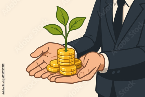 Financial growth metaphor. Investment concept. Money tree growing from coins. Businessman hands holding wealth. Savings and profit. Business success. Finance. Economy. Prosperity.