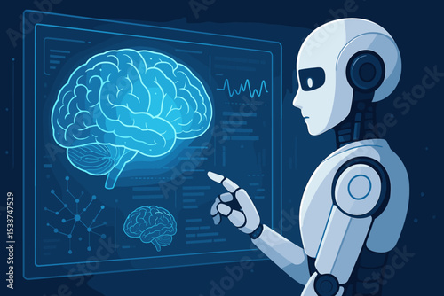 Futuristic robot with artificial intelligence analyzing human brain. AI in medicine and healthcare. Neurology research, machine learning diagnostics. Brain scan on futuristic digital screen.