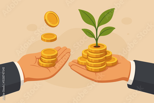 Investment growth concept. Hand gives coins to another hand with a plant growing from money. Financial metaphor for wealth, savings, funding, ROI, profit, and prosperity. Vector illustration.