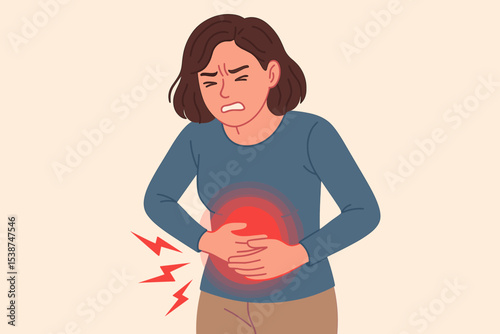 Woman suffering from stomach ache. Concept of menstrual period pain, abdominal cramps, food poisoning or indigestion. Girl holding belly. Sickness, health problem vector illustration.