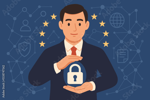 GDPR European Union data protection regulation concept. Businessman safeguarding personal information and internet privacy with a secure padlock. Cyber security technology compliance.