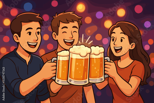 Happy friends toasting with beer mugs at a party. Group of young people celebrating and saying cheers in a bar or pub. Cartoon vector illustration of nightlife and fun.