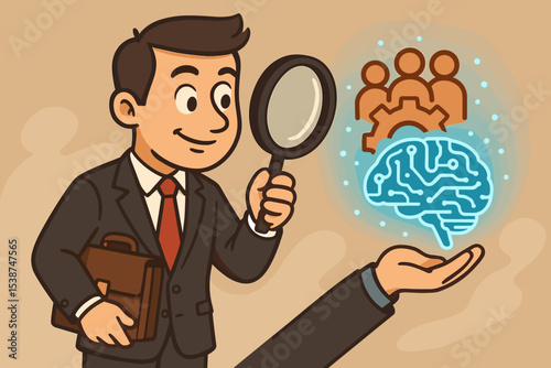 Business concept of talent acquisition and recruitment. Manager with magnifying glass analyzing team and AI brain. Human resources, brainpower, corporate strategy and innovation.