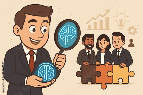 Talent acquisition and recruitment concept. HR manager with magnifying glass searching for brainpower. Business team solving puzzle symbolizes teamwork, collaboration and strategy.