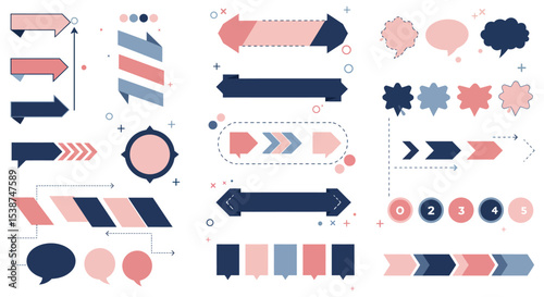 Colorful geometric design elements: arrows, shapes, patterns in pink and blue hues vector illustration