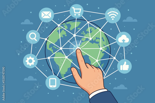 Global network communication concept. Businessman hand touching world globe with digital icons. Internet technology, worldwide business, social media, e-commerce, cloud computing.