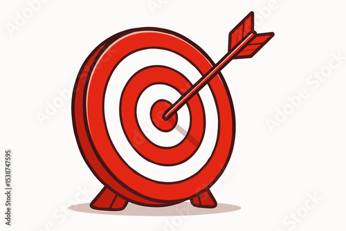 Red arrow hitting the center of a target bullseye. Concept for business goal achievement, success, and marketing strategy. Aiming for precision, accuracy, and objectives.