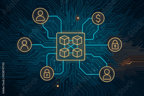 Concept of blockchain technology. Digital ledger for secure financial transactions. Decentralized network of blocks, users, money, and data security. Fintech and crypto background.