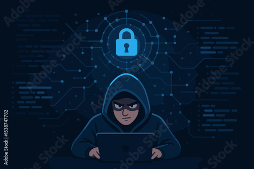 Hacker in hoodie at laptop computer. Cybersecurity concept with digital padlock icon. Cybercrime, phishing, and data breach. Network security threat and internet privacy vector.