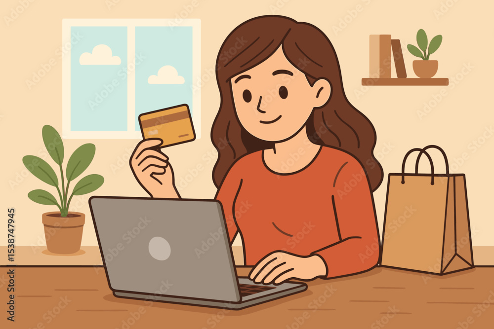 Woman shopping online with a laptop and credit card. Happy customer making a purchase on the internet. E-commerce, digital payment, and consumerism concept. Vector illustration of girl at home. Woman shopping online with a laptop and credit card. Happy customer making a purchase on the internet. E-commerce, digital payment, and consumerism concept. Vector illustration of girl at home.