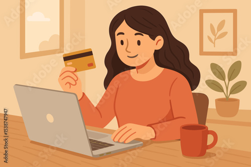 Happy woman shopping online with laptop holding credit card. Concept of e-commerce, internet banking, secure payment, and digital transaction. Satisfied customer buying online.