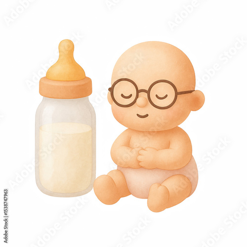 Baby with glasses sitting peacefully near milk bottle