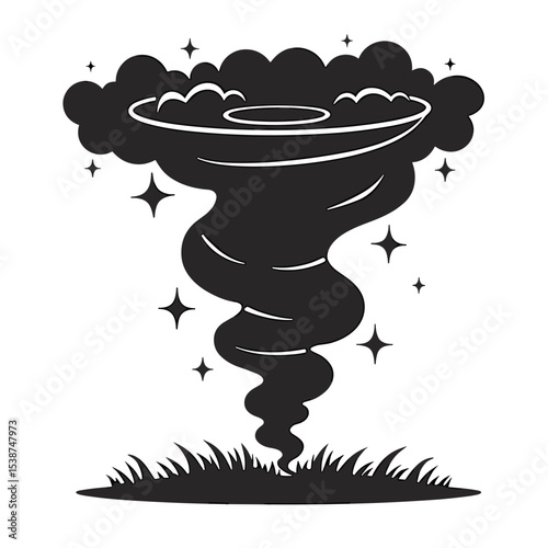 Tornado graphic illustration with swirling clouds and stars  