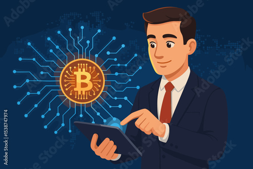 Businessman with tablet investing in cryptocurrency. Bitcoin and blockchain technology concept. Global digital currency, fintech network, and financial trading vector illustration.