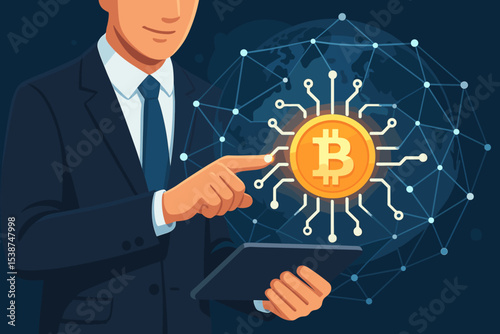 Businessman in suit holds tablet pointing at Bitcoin symbol. Concept of cryptocurrency, blockchain technology, fintech, digital currency investment, and global financial network. Vector.
