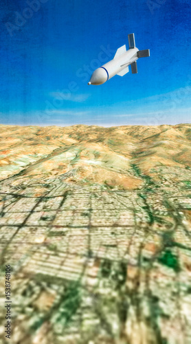 The GBU-57 MOP (Massive Ordnance Penetrator) is a precision-guided, bunker buster bomb, above the skies of Tehran, Iran. The missions are reaching and destroying deep underground bunkers. 3d rendering