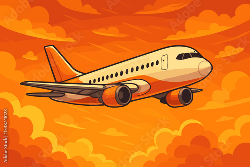 Passenger airplane flying in orange sky at sunset. Cartoon vector illustration of a jet flight through clouds. Concept for travel, tourism, vacation, airline, and transportation.