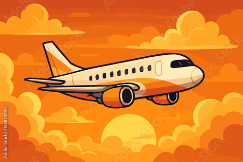 Commercial airplane flying through clouds at sunset. Cartoon passenger jet aircraft illustration. Concept for travel, tourism, vacation, and air transportation. Vector graphic banner.