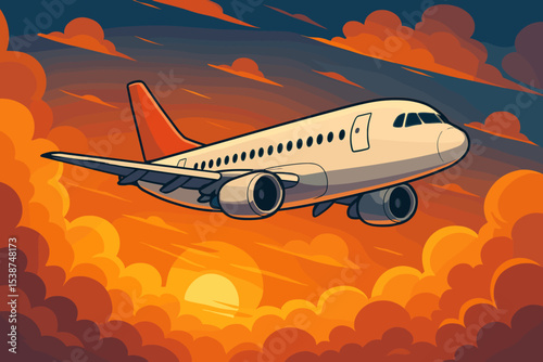 Commercial passenger airplane flying through clouds at sunset. Vector illustration of an airliner jet in the sky. Concept for flight, travel, tourism, and aviation business.