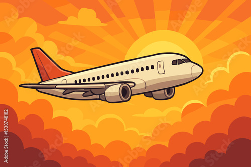 Passenger airplane flying in the sky at sunset vector illustration. Cartoon jet aircraft in flight above orange clouds. Concept for travel, vacation, airline, and transport.