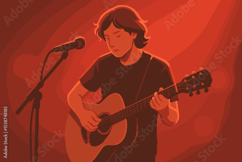 Young singer-songwriter playing acoustic guitar on stage under a red spotlight. Solo musician performs a live concert or at an open mic night. Intimate musical performance concept vector.