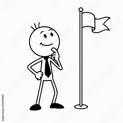 Thinking man next to flagpole symbolizing strategic goal setting