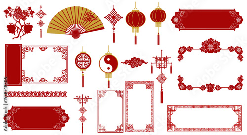 Traditional asian decorative elements: lanterns, fans, ornaments, borders, floral designs vector illustration