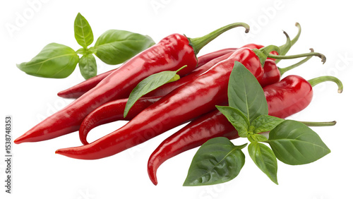 Fresh Red Chili Peppers with Green Leaves