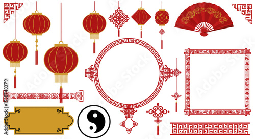 Traditional chinese decorations with lanterns, fans, and patterns vector illustration
