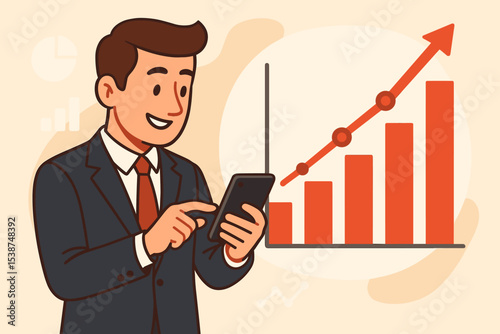 Businessman analyzing business growth data on a smartphone. Concept of financial success with rising bar chart and arrow up. Marketing report, investment analysis, profit trend.