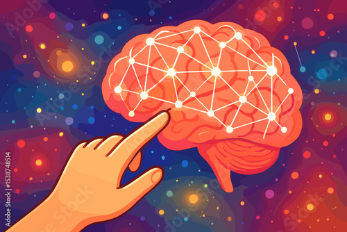 Artificial intelligence concept with a hand touching a human brain. Glowing neural network symbolizes data connection, machine learning, technology, innovation, and neuroscience.