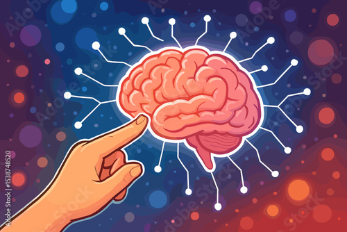 Human hand touching a brain with a neural network. Artificial intelligence and machine learning concept. Innovation, technology, and neuroscience. Brain-computer interface symbol.