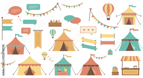 Colorful vintage circus tents and decorations with hot air balloons vector illustration