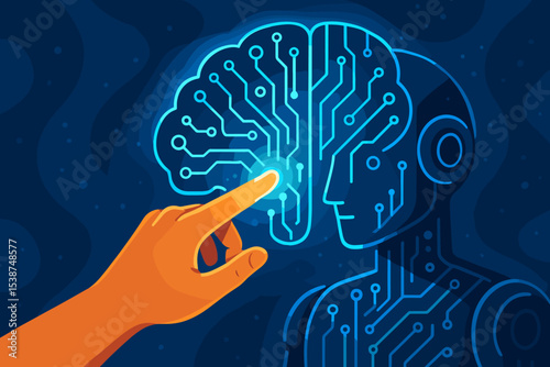 Human AI connection concept. Hand touching a glowing digital brain. Artificial intelligence, machine learning, neuroscience. Cyborg silhouette with circuit board mind. Future of tech.