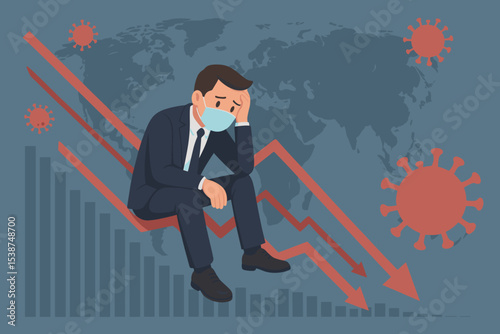 Economic crisis due to coronavirus pandemic. Sad businessman in a face mask sits on a falling chart. Global financial recession, stock market crash, bankruptcy, and unemployment concept.